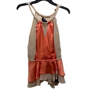 Bebe Persimmon Orange Smoke Gray Chiffon Satin Halter Peplum Top S/P